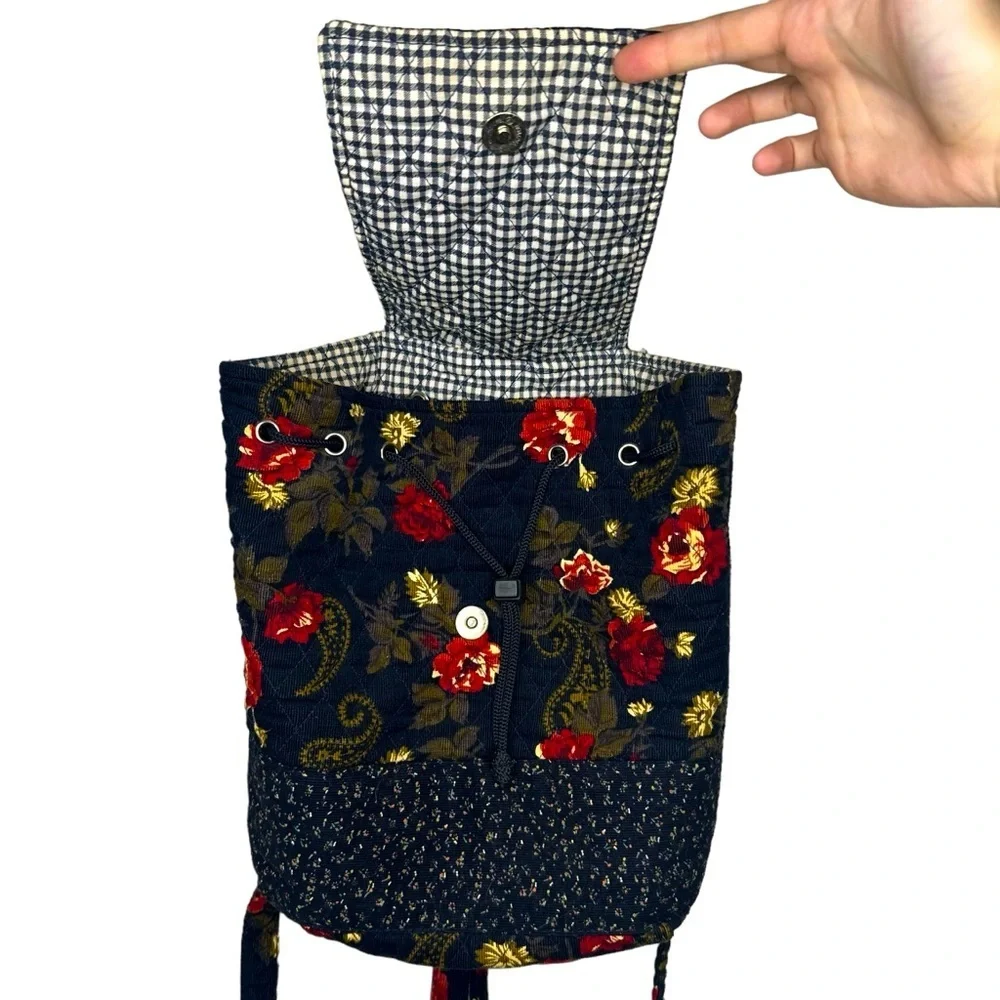 Vintage Scandia Floral Book Bag / Back Pack Black / Red / Yellow Plaid Interior